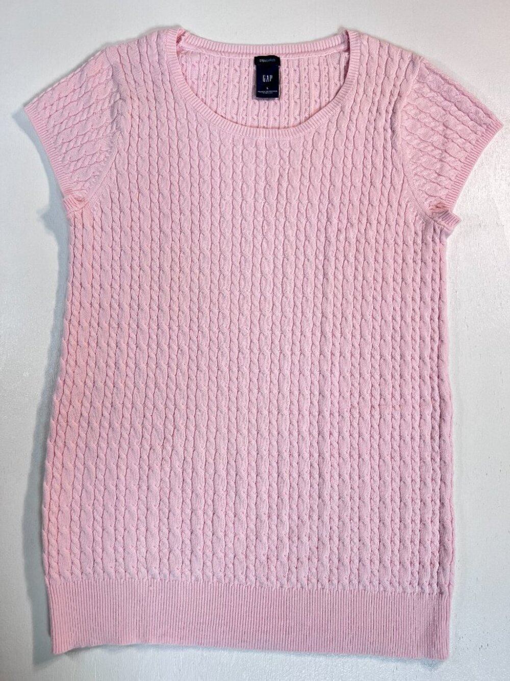 GAP Women's Pink Cable Knit‎ Short Sleeve Sweater Top Large Cotton Lycra Blend